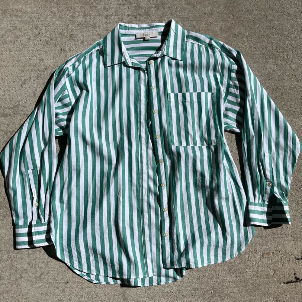 LOFT Green and White Striped Button Down Shirt
